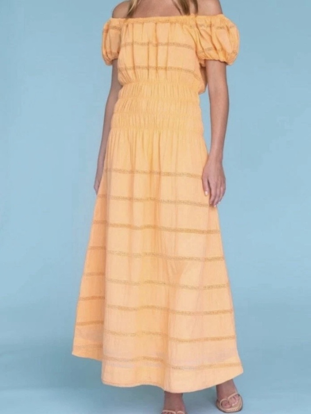 Olivia James Off-Shoulder Peach Maxi Dress with Smocked Waist